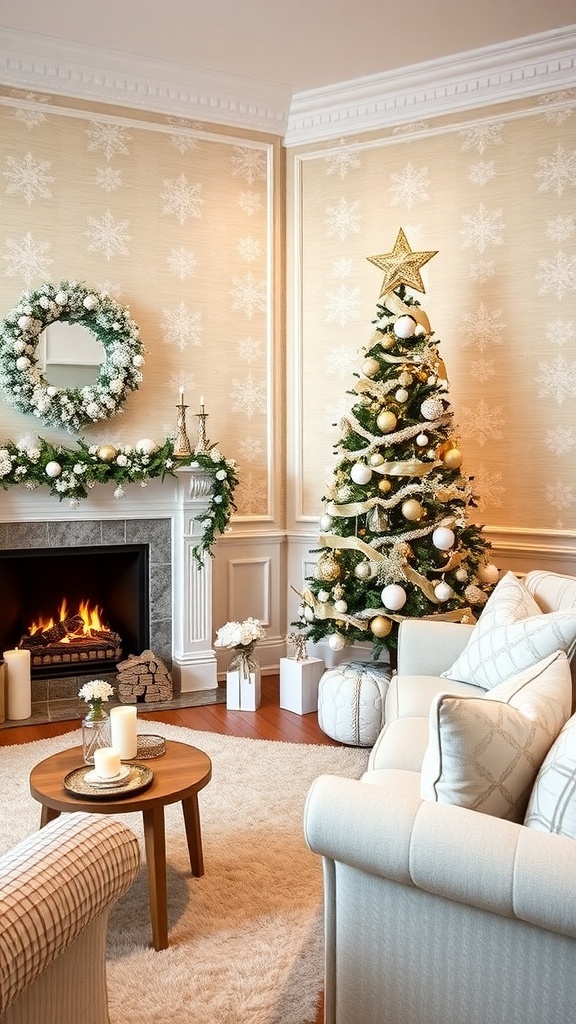 Living room with neutral Christmas wallpaper, decorated tree, and cozy fireplace.